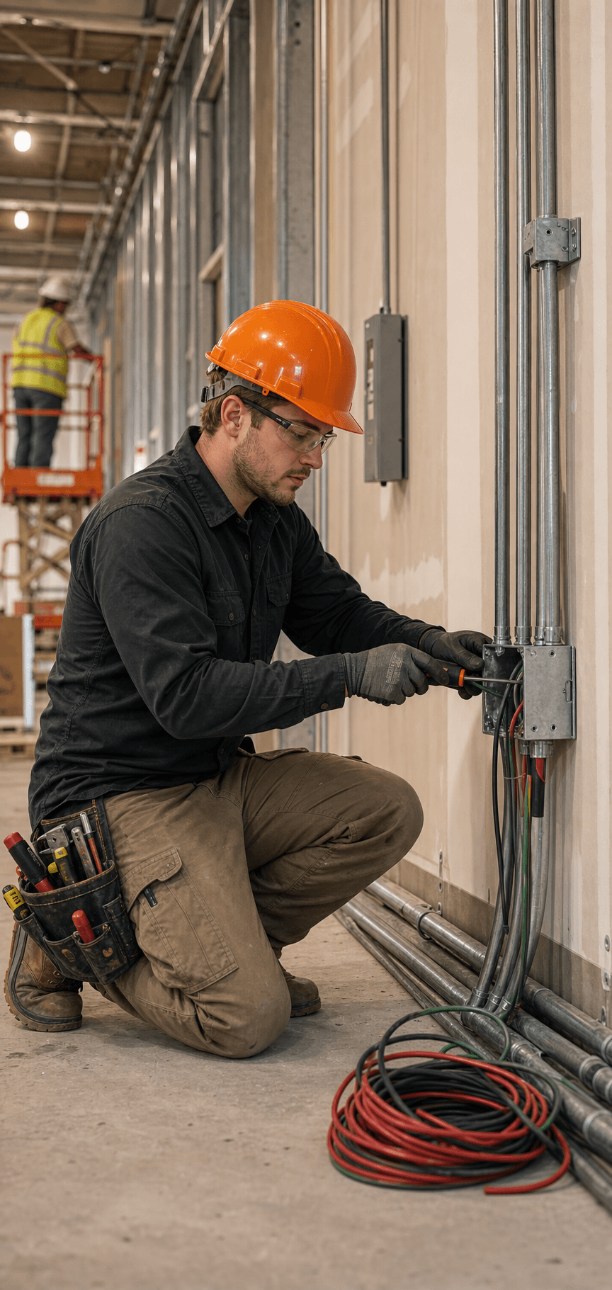 Male electrician working on conduit at an active job site