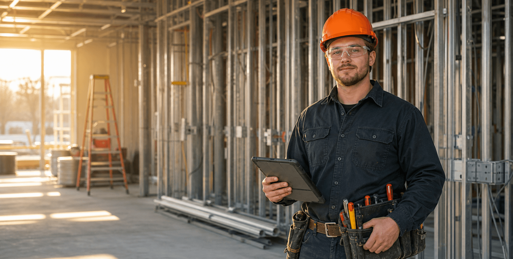 Male electrician standing in an active construction interior with a tablet