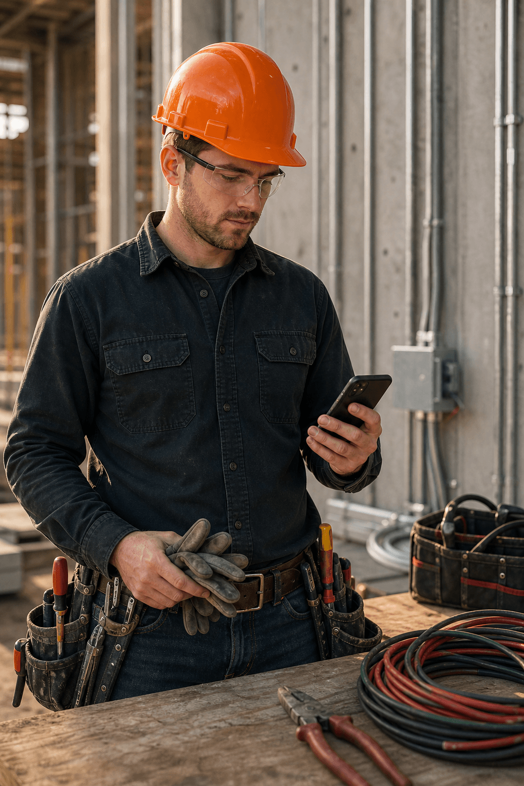 Male tradesman checking job details on a phone at a construction site