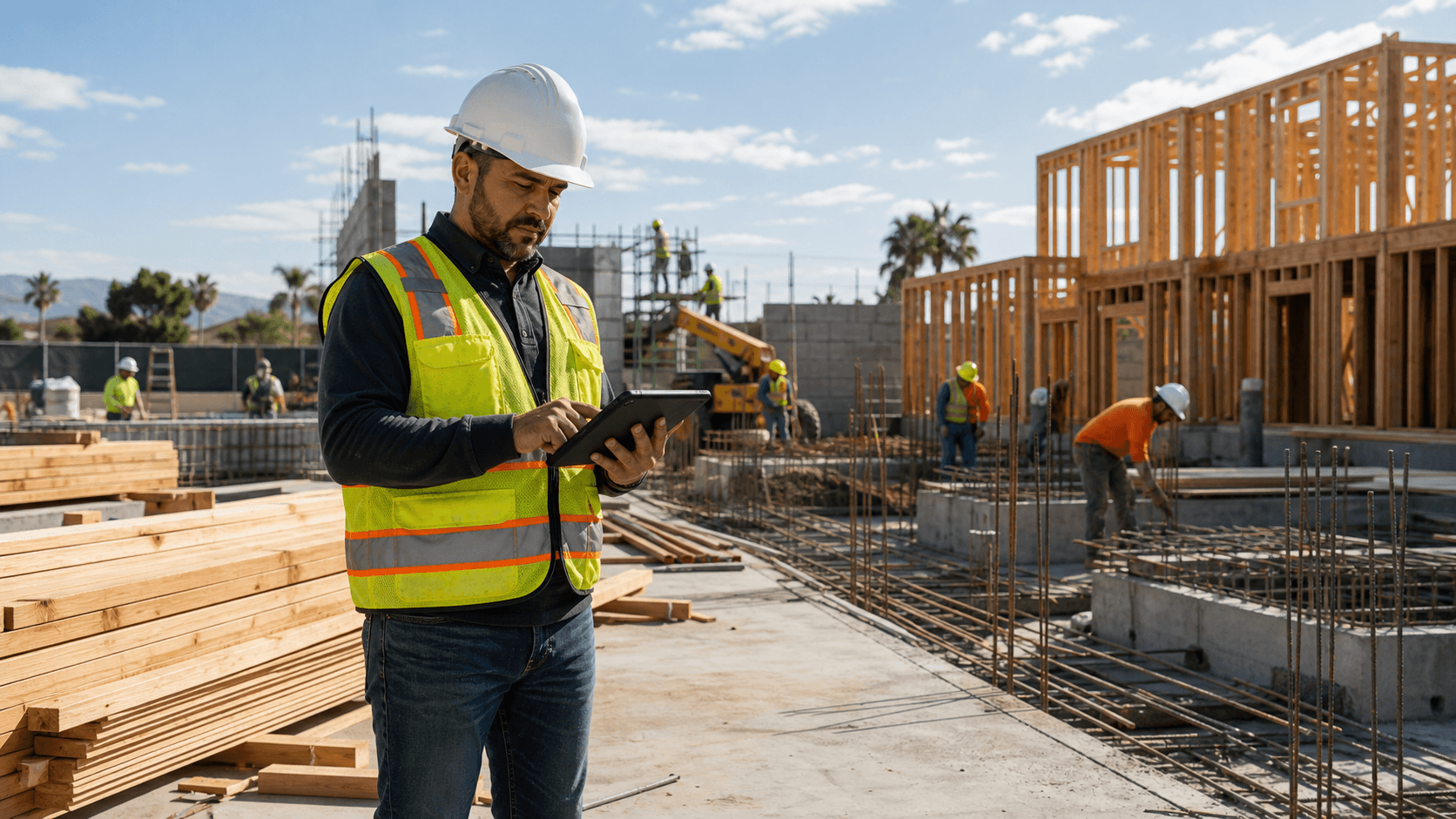 Contractor checking project details on a tablet