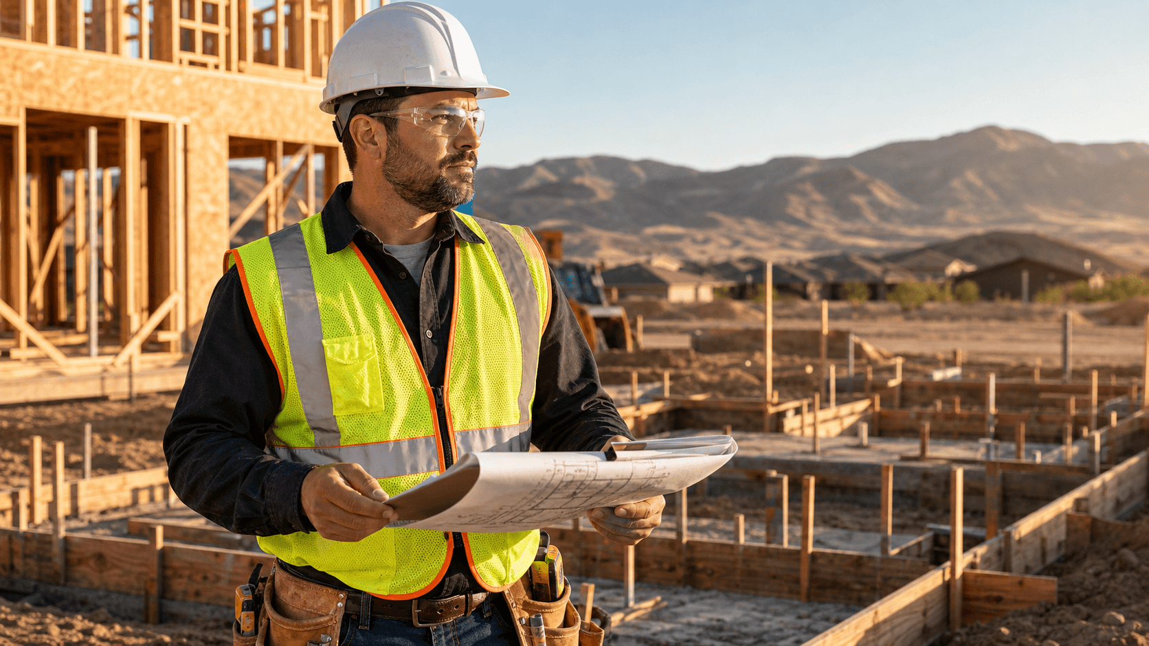 Utah contractor reviewing site plans at a residential job site