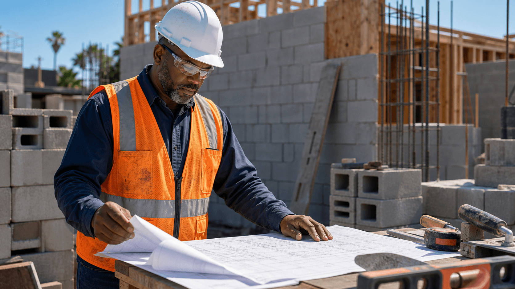 Masonry contractor reviewing blueprints beside concrete block work