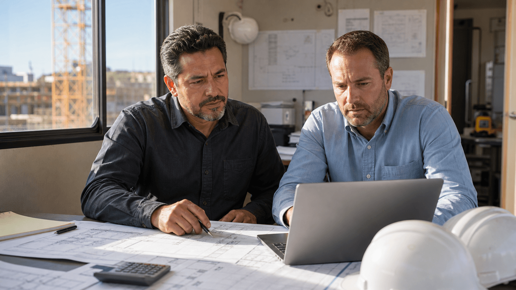 Contractor reviewing job costs and plans in a field office